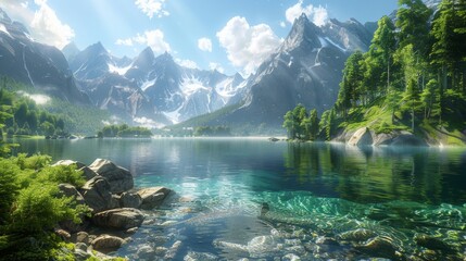 Serene alpine scene with crystal clear lake surrounded by lush forests and snowy peaks under blue sky