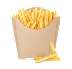 French fries. Fried french potatoes kraft paper box. Snack fast food takeaway. Popular roasted potato chips sticks snack packing, isolated on white background. Realistic. Vector illustration.