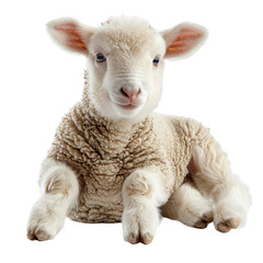 Adorable baby lamb sitting with fluffy wool, isolated on white background. Perfect for farm, animal, and nature themed projects.