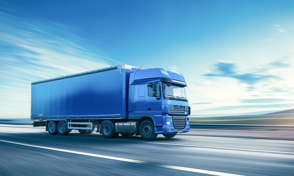 Blue truck is traveling at speed on a freeway. The concept of reliable cargo transportation.