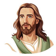 A cartoon illustration of Jesus features long hair and a beard