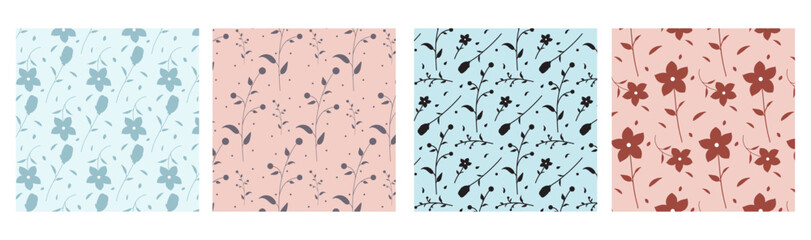 Seamless spring pattterns set with brown, blue, black, gray flowers and leaves for wrapping, holidays, packaging, wallpapers, notebooks, fabrics