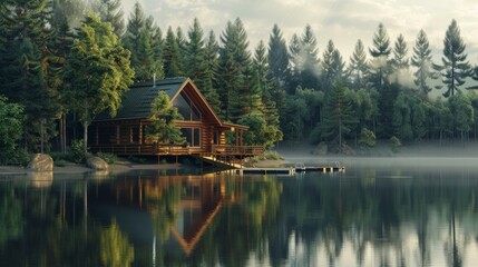 Obraz premium Serene lakeside cabin at dusk