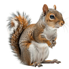 Close-up of a cute squirrel standing and looking directly ahead with a bushy tail, isolated on white background.