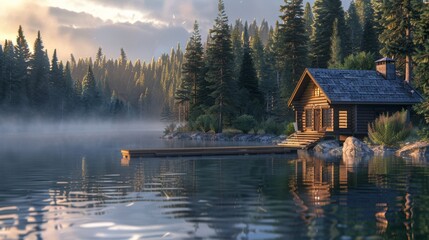 Fototapeta premium Serene lakeside cabin at sunrise