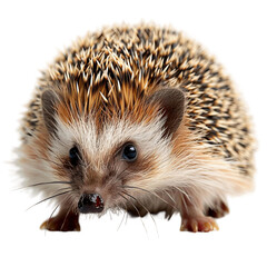 Obraz premium Close-up of a cute hedgehog with brown and white spines. The hedgehog's curious eyes are looking straight ahead.
