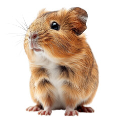 Fototapeta premium Close-up of a cute guinea pig with brown and white fur looking up, isolated on a white background.
