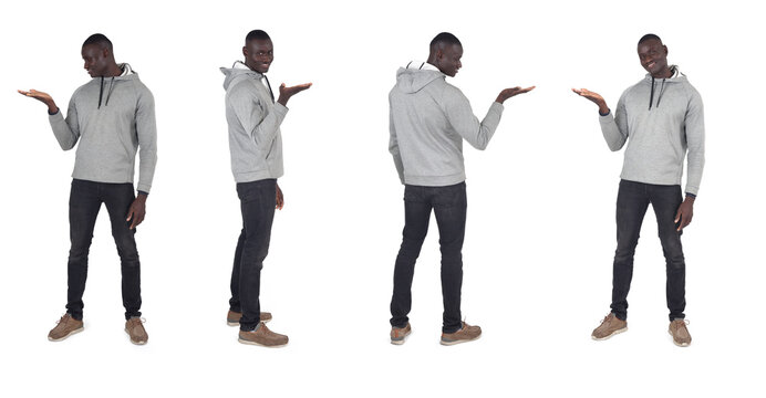 line of a group of same man showing an imaginary object in her hand on white background.