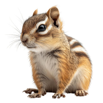 Close-up of a cute chipmunk sitting with alert expression and striped fur, isolated on a white background.