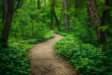 Fototapeta premium A winding footpath meanders through a lush forest, dappled sunlight filtering through the canopy above. 
