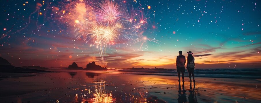 Group of friends at a beach, watching a spectacular fireworks display on Fourth of July, Stars and Stripes attire, festive and patriotic, night scene, copy space