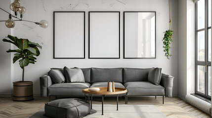Mockup frame in modern living room interior with a minimalist design and grey sectional sofa. Gen AI