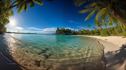 Sunny Tropical Beach with Palm Trees and Clear Water on a Serene Island