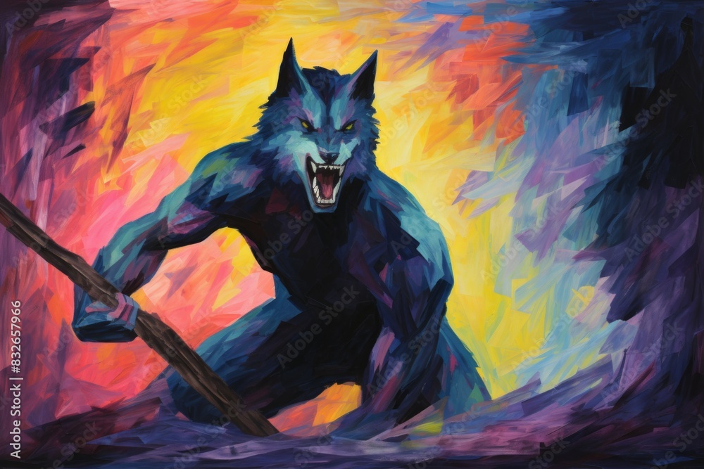 Wall mural A shapeshifting werewolf, torn between human nature and primal instincts. - Generative AI