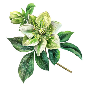 Green and white lily surrounded by leaves and flowers on a white background