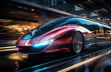 Futuristic speed train. Colorful holographic High-speed train on dark background. futuristic train speeding through a neon-lit cityscape.