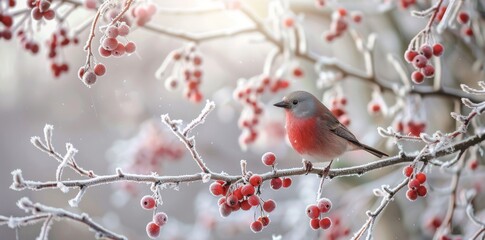 a bird sits on a snow-covered branch with red fruit