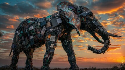 Digital artwork of a cybernetic elephant at sunset - Powered by Adobe