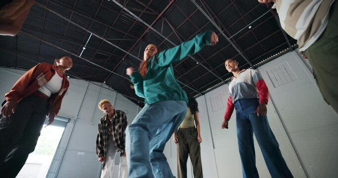 Breakdance, culture and hip hop with group of friends in dance studio for practice or rehearsal. Community, energy or performance with man and woman dancing class together for creative expression