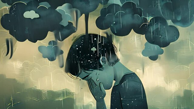 Young person who suffers from mental health diseases. Rain clouds, symptoms of depression disorder: anxiety, crisis, tears, exhaustion, loss, overworked, tired. Unhappy 4k video