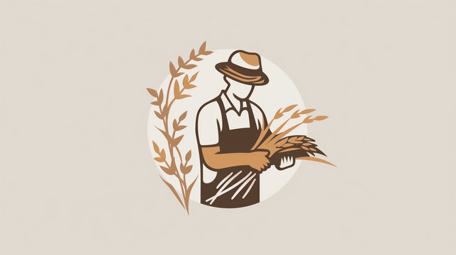 Logo design, vector style, minimalist, a farmer holding a pile of wheat.