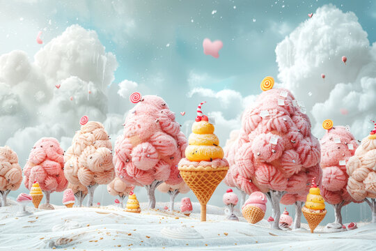 Magical candy land with ice cream cone trees and sugary landscape, creating a sweet and whimsical fantasy scene.