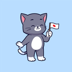 Fototapeta premium Cute cat holding japanese flag vector cartoon illustration