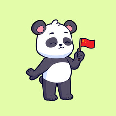 Naklejka premium Cute panda bear holding chinese flag vector cartoon illustration