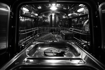 Obraz premium Modern dishwasher kitchen household dish washing machine professional restaurant cafe equipment consumer grade heavy load home routine clean plates cups appliances loading unloading water technology