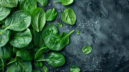 A collection of green leaves atop a black surface, adorned with water droplets on their upper and lower edges - Powered by Adobe
