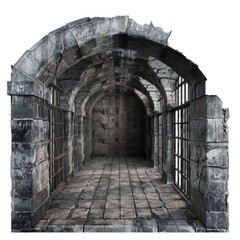 Old stone passageway with arched ceiling and windowpanes, isolated on a transparent background