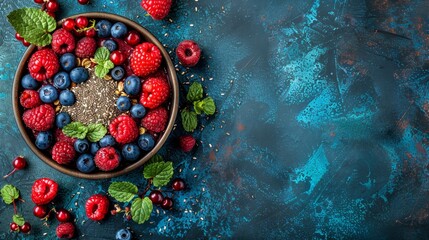  A bowl of raspberries, blueberries, and mint on a blue background Surrounded by a border of green,...