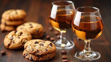  A tight shot of two glasses, each holding a pour of wine, and two cookies on a table Nearby, coffee beans and chocolate chip cookies are arranged as accompaniments - Powered by Adobe