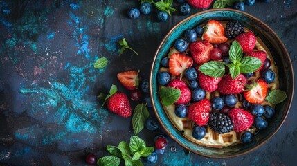  A bowl filled with strawberries, blueberries, and raspberries on a blue-black surface Green mint leaves crown the top - Powered by Adobe