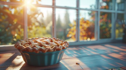  A tight shot of a pie in a bowl on a table, positioned in front of a sunlit window Trees cast...