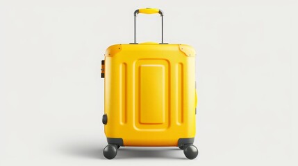 vibrant yellow rolling suitcase on white backdrop. journey symbolism.