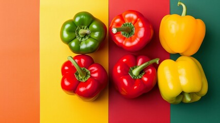  A collection of red, yellow, and green peppers on a multicolored background Yellow bell peppers are positioned at the center of the row - Powered by Adobe