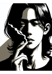 boy's face, adult man, shoulder length hair, smoking