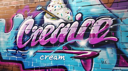 Graffiti background, spray paint inscription with the inscription ice cream, Generative AI illustrations. 