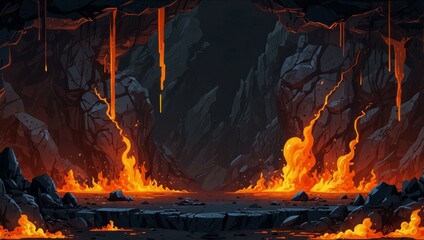 Game background of hell with lava in rock cave Fanta. 2d style