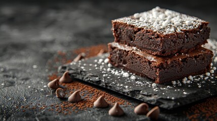  Two brownies rest atop a black plate, adorned with white sprinkles on each piece - Powered by Adobe