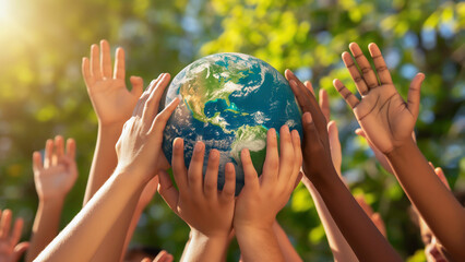 Hands of diverse people encircle a globe, global unity, global peace and environmental protection.