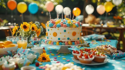  A table is set with a cake, its surface adorned with frosting and vibrant sprinkles Nearby, oranges and sunflowers form an appealing bunch - Powered by Adobe
