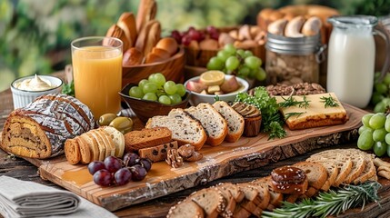  A selection of breads, cheeses, and other dishes on a wooden table In the background, a glass and...