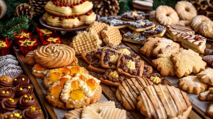 A table laden with various cookies and waffles atop wooden trays Nearby, pine cones and other...