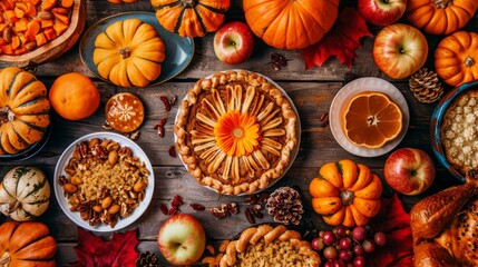  A wooden table is laden with various pumpkins and autumn produce, including fruits and vegetables, adjacent to a pie atop a bowl filled with nuts