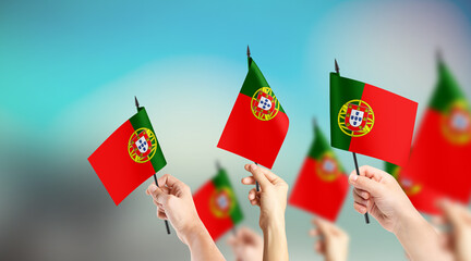 A group of people are holding small flags of Portugal in their hands.