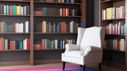 A library with a white chair and a colorful pillow. The chair is placed in the middle of the room, and the pillow is on it. The room is filled with bookshelves