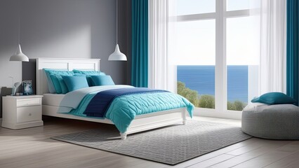 A bed with a blue comforter and pillows is in a room with a white wall