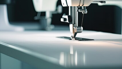 Fototapeta premium A sewing machine is in use on a blue fabric. The blue fabric is being sewn together